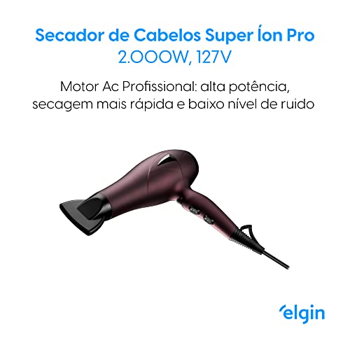Secador de Cabelos Super Íon Pro Elgin Profissional 2000W Cabo 2,8 metros giratório 360° 110V