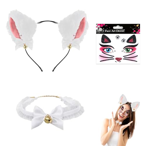 Accessoire chat femme déguisement cosplay 3 pièces – serre-tête oreilles de chat blanc + collier clochette + tatouage temporaire – taille unique adulte...