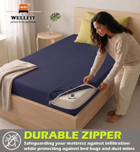 Image of WELLFIT Cotton Mattress Cover /Protector Premium Stripe Pattern Cotton Mattress Cover for Single Size Bed with Zip /Chain / 3x6 ft / 36x72x6 inch /Blue