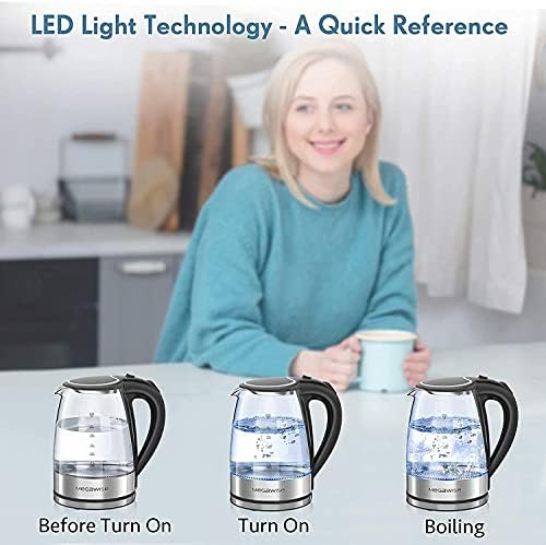 Hervidor eléctrico de vidrio con apagado automático, capacidad de 1.8 L, 1000 W de ebullición rápida, sin BPA, tapa interior y base de acero inoxidable, indicador LED azul, fácil de limpiar, 4