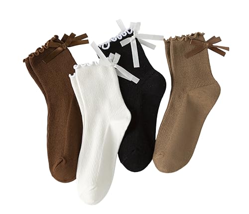 Image of Womens Bow Socks Ruffle Casual Crew Black Whitte Soft Breathable Cotton 4 Pairs Socks