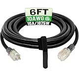 POWGRN 6 Ft 10AWG Black Outdoor Extension Cord Waterproof Heavy Duty 10 Gauge 3 Prong, Flexible Cold-Resistant Power Cord Indoor & Outside with Lighted Indicator End, 15Amp 1875W SJTW ETL Listed