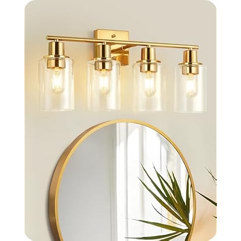 GOEBLESON 4-Light Gold Bathroom Light Fixture, Vanity Light Over Mirror with Clear Glass Shade, Modern Sconce Wall Lighting with Metal Base, for Mirror Bedroom Powder Room Hallway, Gold D05BD05 Cover