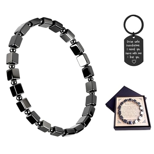 Hematite Healing Bracelet for Men and Drive Safe Keychain -