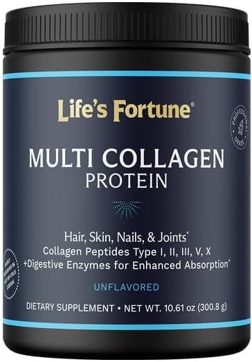 Multi Collagen Peptides Types I, II, III, V & X Hydrolyzed Protein Powder – Grass-Fed, Blend with Digestive Enzyme – for Skin, Hair, Nails, Joints & Gut Health, Unflavored