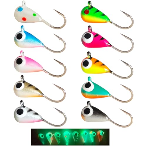 Skipaelf 10pcs Tungsten Ice Fishing Jigs UV Glow in Dark Ice Fishing Lures Sensitive Tungsten Tear Drop Ice Fishing Jig Head for Crappie Panfish Walleye 5mm