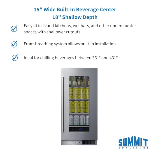 Summit 15” Built-In Beverage Center, Shallow 18” Depth Refrigerator, Commercially Approved, Stainless Steel - SDHG1533 on Fridge.com