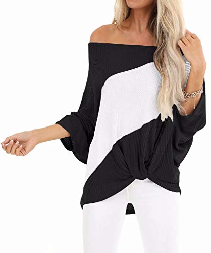 LACOZY Womens Off Shoulder Knot Front Batwing Sleeve Tunic Tops Oversized Shirts Pullover Black Large