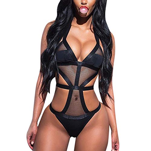 sexy Beach Set Badeanzug Deep Bikini Hollow BH Damenanzug Bodysuit Deep V- Neck Lingerie (Black, XL)