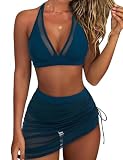 RXRXCOCO Mesh Halter High Waisted Bikini Sets for Women Tummy Control Swimsuits Two Piece Bathing Suits with Skirt Turquoise Large