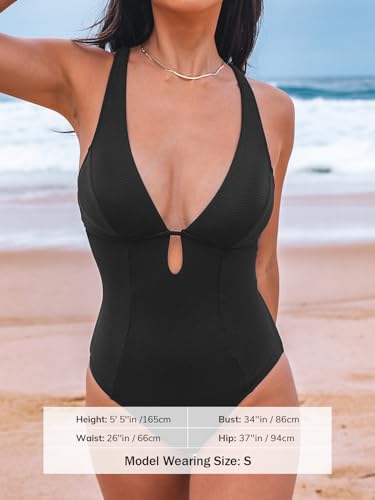 Image of CUPSHE Women's One Piece Swimsuit Deep V Neck Keyhole Cutout O Ring Textured Bathing Suit