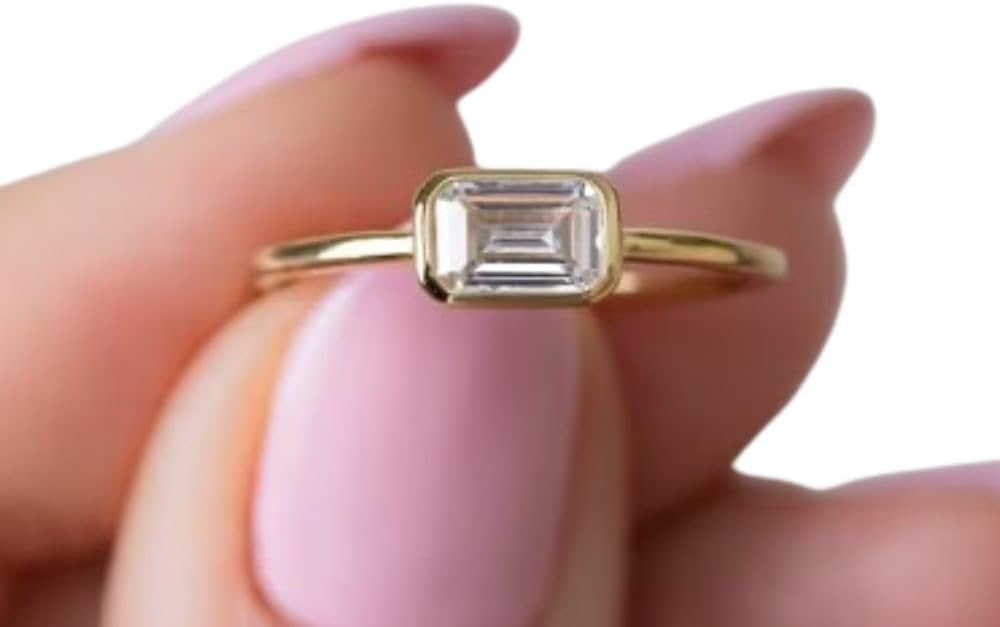 1.50 Ct Emerald Cut East West Diamond Full Bezel Dainty Solitaire Minimalist Engagement Rings For Women 14K Yellow Gold Over 925 Sterling Silver Handmade Anniversary Ring Gift For Her