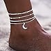 Ushiny Tobilleras bohemias con capas, plata y luna, para verano, playa, con cuentas, cadena de tobillo para mujeres y niñas