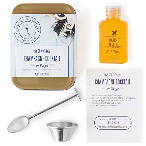 Thoughtfully Gifts, Champagne Cocktail Mixer Travel Tin Gift Set, Includes Peach Bellini Cocktail Mixer, Jigger, Bar Spoon and Recipe Card (Contains NO Alcohol)
