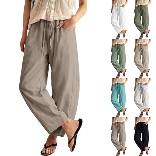 Linen Pants for Women Barrel Palazzo Flowy Boho Harem Pant Wide Leg 100% Linen Clothing People Free Dup Petite Spring Summer Plus Size 2026 Beach Vacation Boho Baggy Gauze Pant with Pockets Khaki