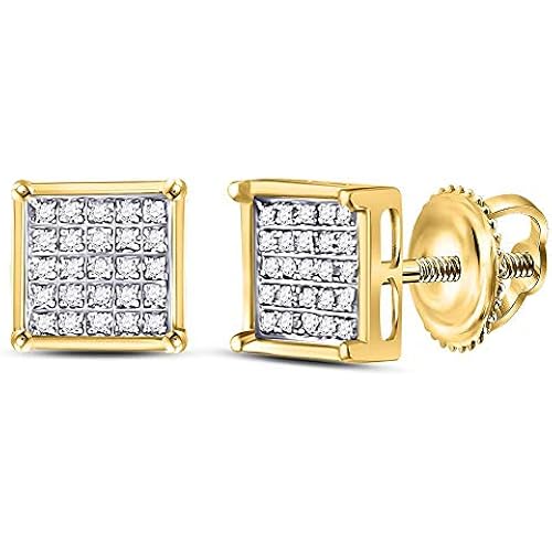 Solid 10k Yellow Gold Unisex Round Diamond Square Cluster Stud Earrings 1/6 Ct. ( 1/4 Inch Wide) - Jewelry Gifts For Women Wife Mom Gifts For Men Husband Dad