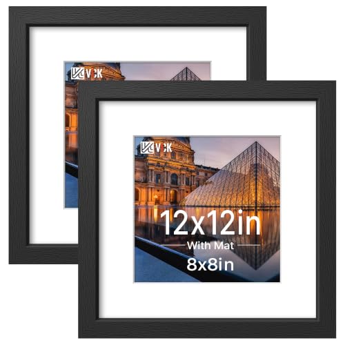 VCK 12x12 Picture Frame with Real Glass, Black Wood, 8x8 Mat, 2 Pack