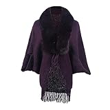 Womens Winter Coats Poncho Cape, Faux Fur Trim Knitted Cardigan Elegant Fringe Sweaters Shawl Striped Loose Fit Scarf