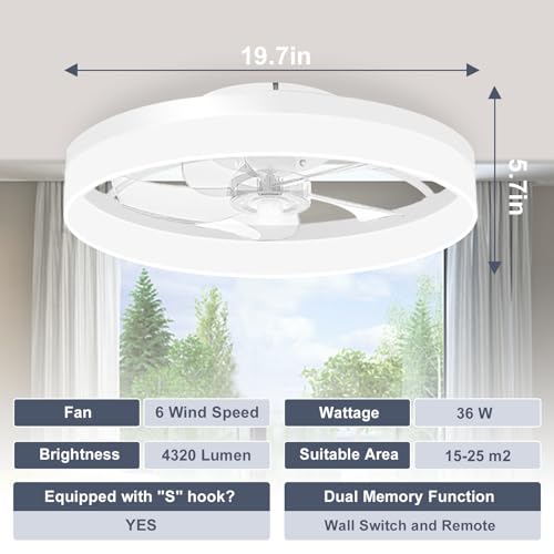 Image of VOLISUN Low Profile Ceiling Fans with Lights and Remote, 19.7in Fandelier Ceiling Fan Flush Mount, 3000K-6500K Smart Bladeless LED Fan Light, White Modern Ceiling Fans with Lights for Bedroom