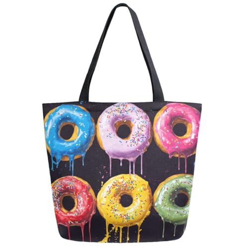 Peystean Fashion Colors Splashed Donuts Black Extra Large Shoulder Grocery Tote Bag, Canvas Daily Handle Bag for Men Women Gym Yoga Weekender Picnic Beach Travel Kitchen Reusable Market Shopping