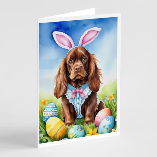 Caroline's Treasures DAC5191GCA7P Sussex Spaniel Easter Egg Hunt Greeting Cards Pack of 8 Blank Cards with Envelopes Whimsical A7 Size 5x7 Blank Note Cards
