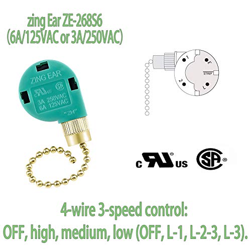 Image of ZE-268s6 Ceiling Fan Switch Zing Ear Gold Pull Chain 3 Speed 4 Wire (2 Pack) for Ceiling Fans, Wall Lamps, Cabinet Light by Cenipar