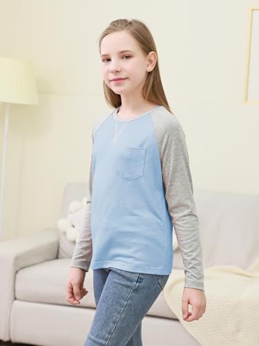 Image of GORLYA 2 Pack Girls Contrast Raglan Sleeve T-Shirt Casual Simple Basic Tee Tops with Pocket for 8-16Y