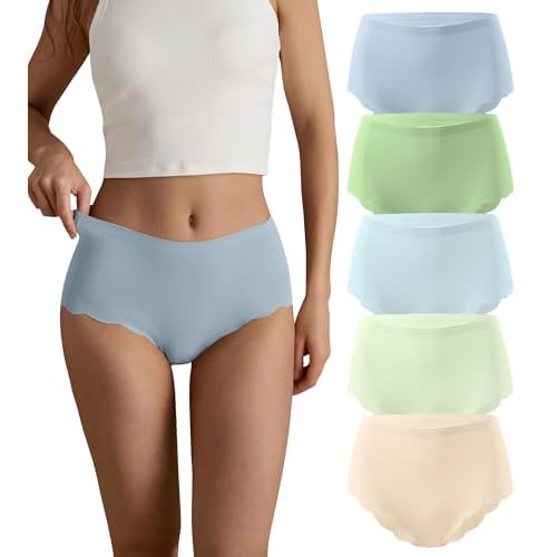 SHARICCA Seamless High Waisted Underwear for Women Cheeky Underwear Wave Edge No Show Bikini Panties Ribbed Panties Pack Small Blue/Sky Blue/Forest Gr