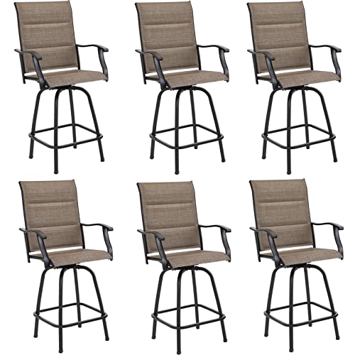 Image of PHI VILLA Outoor Swivel Bar Stools Set of 6 with Armrest and Backrest, High Top Patio Bar Stool & Chairs with Padded Brown Textilene Fabric