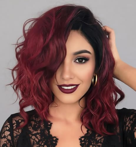 SEVENCOLORS Short Burgundy Curly Wigs for Black Women Natural Wavy Ombre Wine Red Wig Synthetic Hair Shoulder Length Bob Wigs