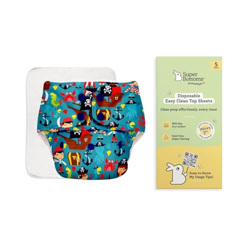 Image of SuperBottoms BASIC Cloth Diaper with UltraThin Dry Pad & 5 Disposable Easy Clean Top Sheets | Reusable & Washable | Adjustable Fit for Babies 3m-3y