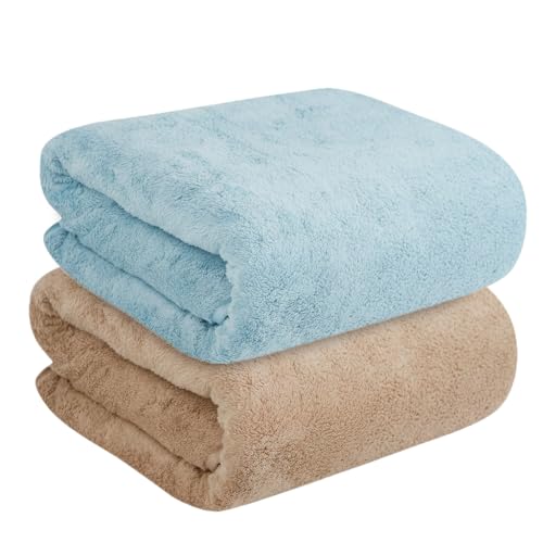 Image of Dribble Coral Fleece 450 GSM Bath Towel 70x140 cm | Ultra Soft, Quick Dry, Highly Absorbent | Lightweight & Skin-Friendly Towel for Bathroom, Gym & Travel, (Brown /Blue, Pack of 2)