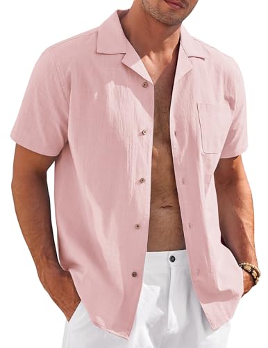 COOFANDY Linen Shirts for Men Short Sleeve Cuban Collar Shirt Summer Button Down Shirts Pink