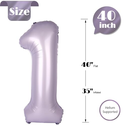 Image of 40 Inch Lilac 1 Balloon for First Birthday, 1st Number Balloons Birthday Decorations, Lavender One Giant Number 1 Balloon