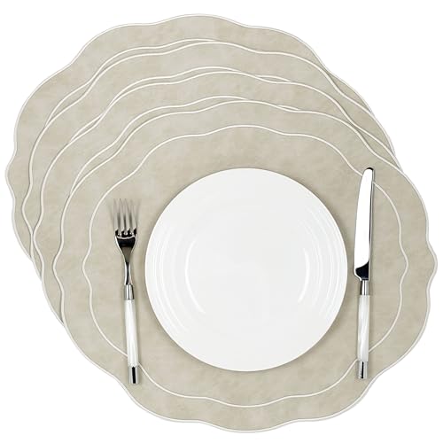 Bryonia Embroidered Scalloped Faux Leather Placemats Set of 4 - Earth Tone, Soft, Wipeable Luxury Dinner Table Mats for Dining & Wedding, 17.25' x 15', Ivory