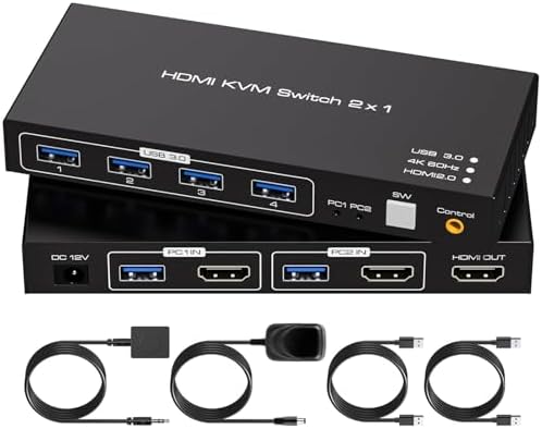 VPFET USB3.0 KVM Switch HDMI 2 PC 1 Monitore 4K60Hz KVM Switches für 2 Computer teilen sich 1 Monitor Geräte Unterstützt Desktop Controller Inklusive Adapter und 2 USB3.0 Kabeln