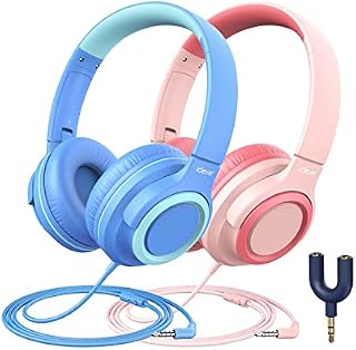 iClever [2 Pack] Kids headphones for girls boys 94dB Safe Volume Limited - Wired Headphones with Sharing Splitter, Tangle-Free Foldable Stereo Headphones for School/Tablet/Travel MP3/4