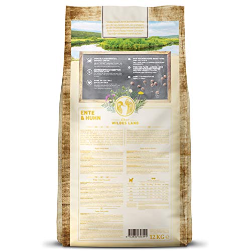 Wildes Land - Nr. 8 Puppy Ente & Huhn - 12 kg - mit Kartoffeln und Wildkräutern - Glutenfrei - Trockenfutter für Hunde - Hundefutter mit hohem Fleischanteil - Hohe Verträglichkeit