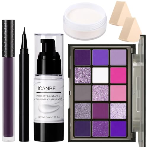 Image of UCANBE Halloween Makeup Kit - 15-Color Purple Eyeshadow Palette, White Liquid Foundation, Purple Liquid Lipstick, Black Eyeliner, Setting Powder & Sponges Makeup Set for Cosplay Witch Devil Sorceress