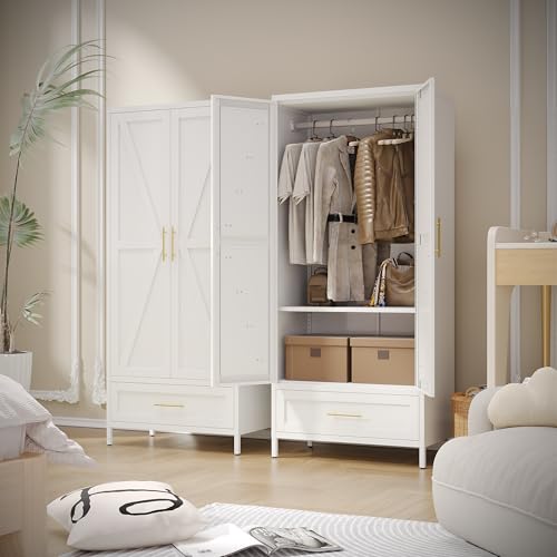 Image of Aobabo Metal Wardrobe Cabinet with 1 Drawer, 71 inch H Metal Armoire Wardrobe Closet with 1 Adjustable Shelf and Hanging Rod for Home, Laundry Room, Office, Installation Required, White