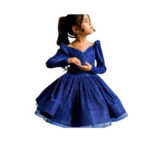 GZCYL Royal Blue Sequins Girls Pageant Dresses Knee Length Long Sleeves Toddler Pageant Ball Gowns