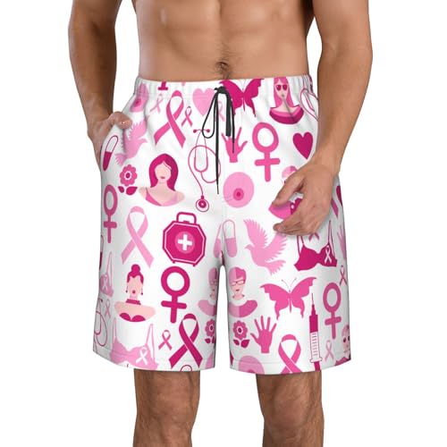 Breast Cancer Awareness Month Seamless Pattern Mens Swim Trunks Quick Dry Swim Board Shorts Casual Beach Shorts