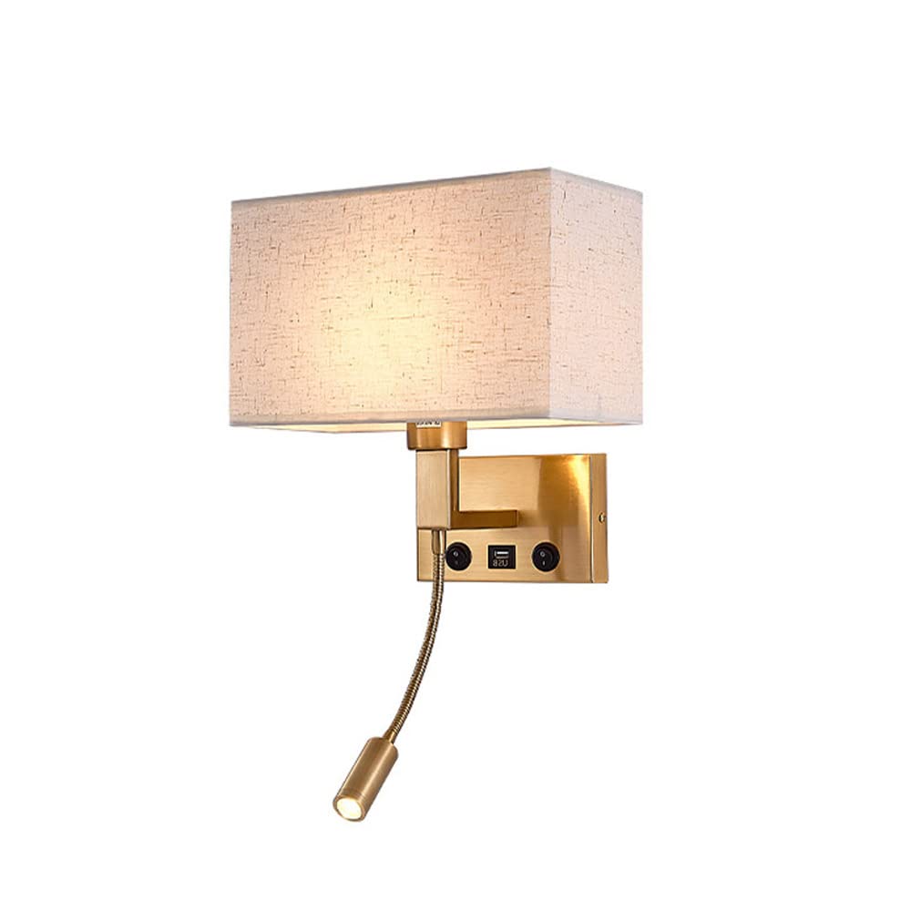 Jadssox Gold Wall Sconce Fabric Wall Lamp Shade Modern Wall Light Fixtures with USB Charge Port, On/off Switch LED Wall Mount Reading Spotlights for Bedroom Bedside Living Room