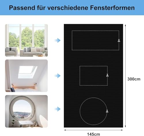 Fenster Verdunkelung - 300x145cm, MUTOUHE verdunklungsfolie für Fenster Verdunklungsrollo ohne Bohren, 100% Verdunklungsstoff Dachfenster Sonnenschutz Innen Rollo für Urlaub