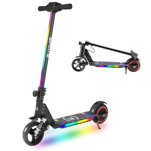 KHHK Elektroroller für Kinder von 6-12 Jahren, Faltbarer Roller mit 130W Motor, Doppelfedergabeln und LED-Lichtern, Max-Geschwindigkeit 14 km/h & Reichweite 5-8 km (Schwarz)