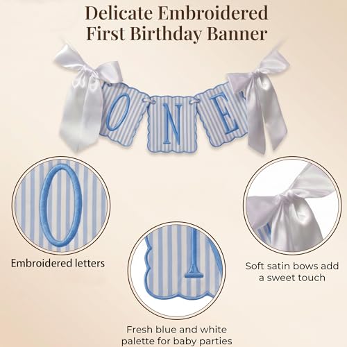 Image of Blue and White Striped ONE High Chair Banner Boy Light Blue Vertical Stripe Embroidered 1st Birthday Highchair Banner First Birthday Decorations for Boy (Blue Stripes)