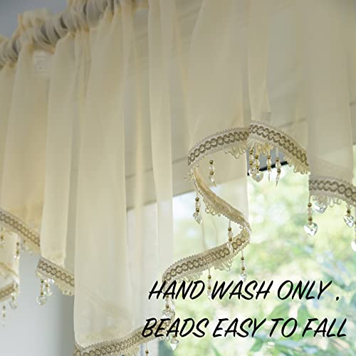 Pearage Beaded Sheer Valance Curtains For Living Room,Rod Pocket Farmhouse Window Valance, Bead Trim Tassel Voile Sheer Curtain Valance For Bedroom Bathroom Cafe 51X24 Inches (Beige) 1Pc #TOP4
