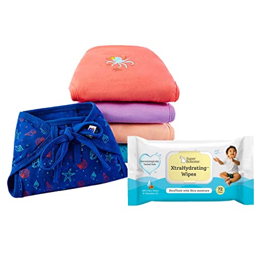 SuperBottoms BASIC Cotton Nappy with SuperBottoms XtraHydrating™ Wipes-72 Pack | 100% Pure Softest Cotton | 3x Thicker Premium Wet wipes | 98% Pure Water | Sea Saga - Pack of 5, Large