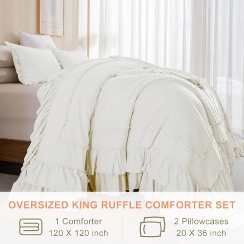 Image of QSH Ivory Ruffled Oversized King Comforter 120x120,3PCs Farmhouse Shabby French Country Chic Ruffle Bed Comforter Set Lightweight Boho California King Comforter Ultra Soft Microfiber Fluffy Bedding