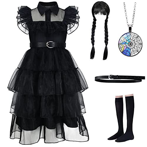 Wednesday Addams Costume Girls Dress, For Kids Addams Family Costumes Halloween Cosplay Outfit Party Dress With Wig,Necklace,Belt And Socks 8-9T (140Cm) #TOP23